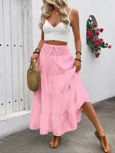 Women's Plain Boho Style High Waist A-Line Skirt, Woven Elasticity Loose-Fitting Long Dress with Drawstring Design, Casual Fashion for All Seasons