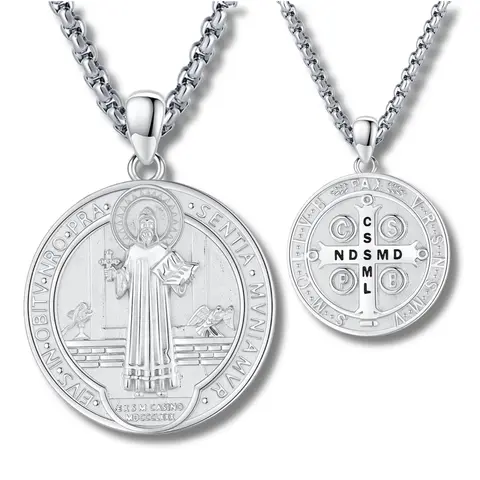 DRINSPER 925 Real Silver Engraved Saint Benedict Protection Cross Pendant Necklace - Unisex Daily Religious Wear, Sentimental Necklaces with Latin Inscription, Evil Protection Prayer Abbreviations (CSSML, NDSMD), Clasp Included