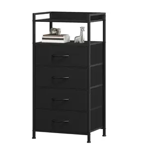 4-Drawer Fabric Sofa Side Table – Sturdy Steel Frame, LED bedside table, Open Shelf, Waterproof Top, Adjustable Feet – Compact Storage for Bedroom, Living Room, Office, Small Spaces,Black