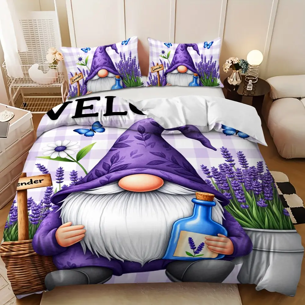 Bedding 3-piece set - 3PCS Springtime Lavender Dwarf Elf Design Down Comforter Set (1 comforter cover + 2 pillowcases, filling not included) - A perfect gift for family. Soft and comfortable, suitable for family bedrooms.