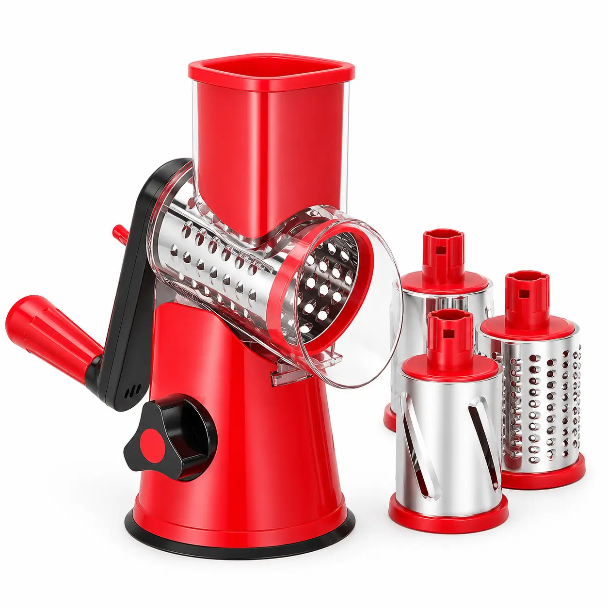 Rotary Cheese Grater with 3 Drum Blades, Manual Hand Crank Kitchen Grater Slicer for Cheese, Vegetables, Nuts and Meal Prep, Red