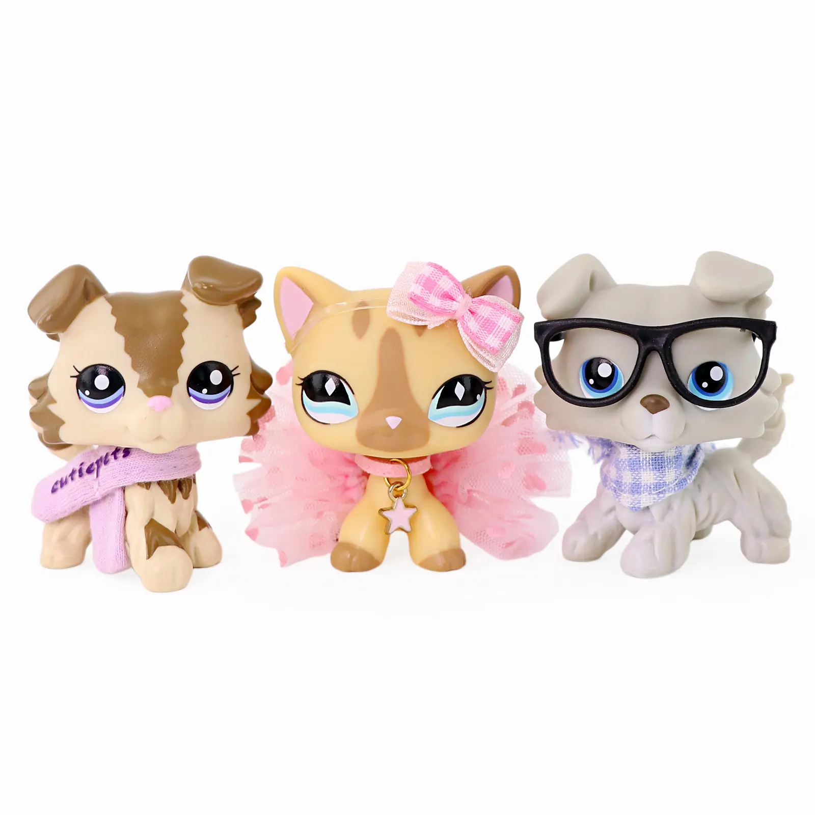 3 Pcs Bobble Head Mini Animal Figurines Set, Cute Cat & Dog Collectible Toys with Detachable Tutu Bow Scarf Glasses Star Pendant Accessories, Small Pet Dolls for Cake Toppers Kids Birthday Party Favors Gift