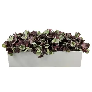 White Rectangle Vase with Artificial Green Hydrandeas - 16 inches