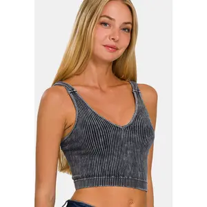Zenana Washed Ribbed Cropped V-Neck Tank Casual Spandex