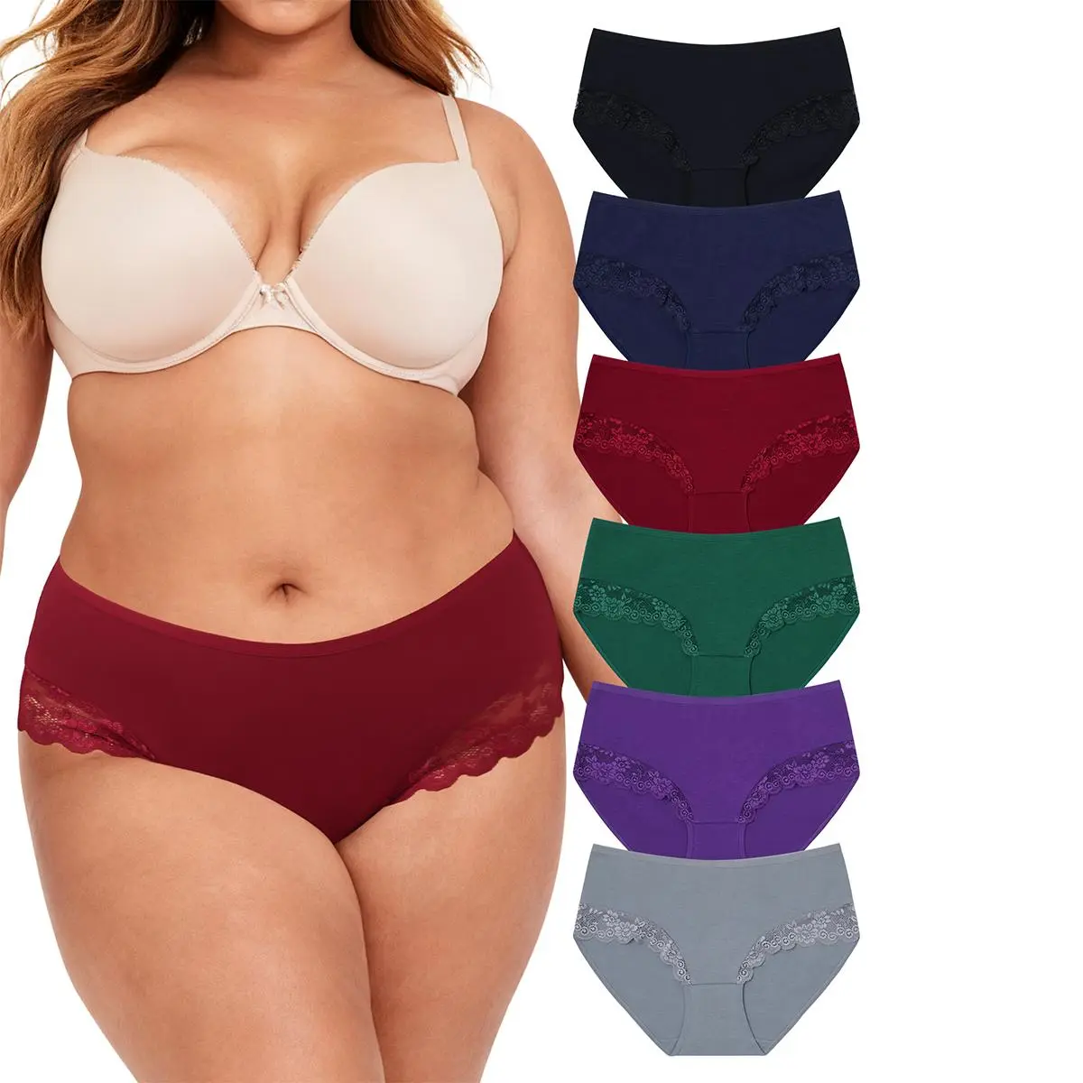 LEVAO 6 Pack Women’s Cotton Bikini Panties, Plus Size XL-4XL Lace Hipster Underwear, Soft Stretch Breathable Everyday Briefs