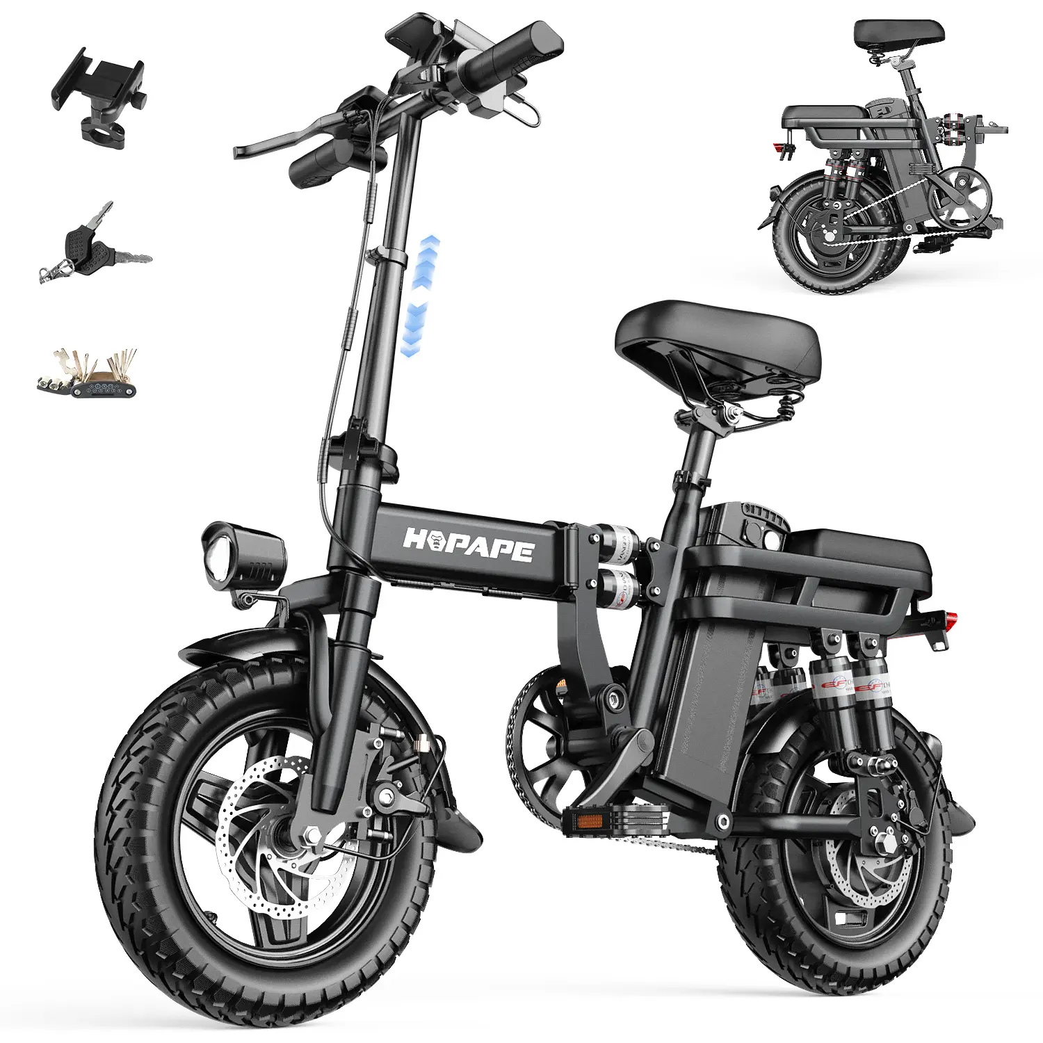 RS5 14 Inch Foldable Electric Bike for Adults, 500W Brushless Motor, 48V 15AH Removable Battery, Max 20MPH & 30 Miles Range, Full Suspension, Dual Disc Brakes, LCD Display, Anti-theft Remote Lock, Folding E-bike for Commuting RV Travel