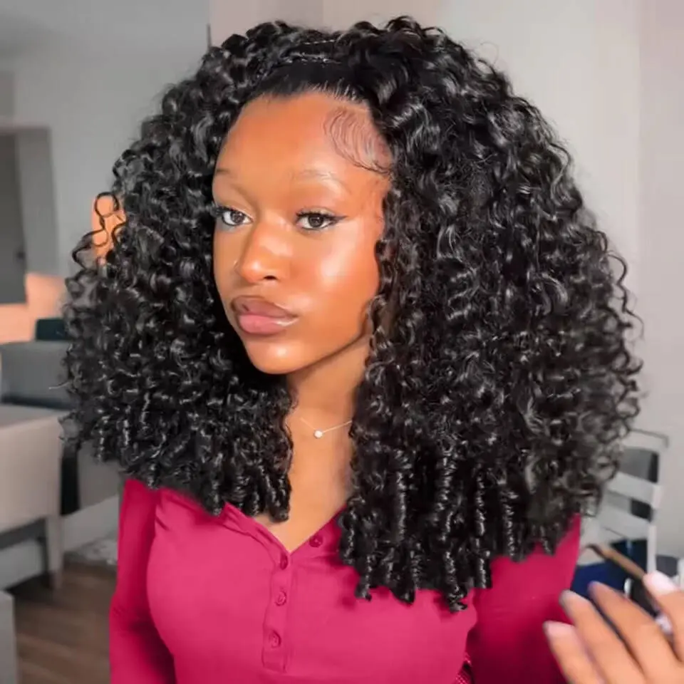 Bling Hair Burmese Curly 3 IN 1 Half Wigs Glueless Brazilian Kinky Curly Half Wig With Elastic Drawstring Clip Ins Flip Over Deep Wave Half Wig Human Hair For Black Women