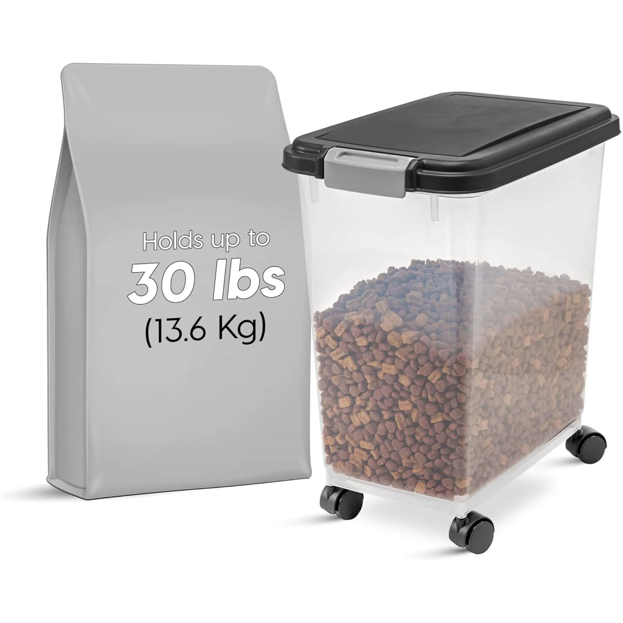 IRIS USA Airtight Pet Food Storage Bin with Snap Lock Lid and Wheels, Black IRIS USA Airtight Pet Food Storage Bin with Snap Lock Lid and Wheels, Black