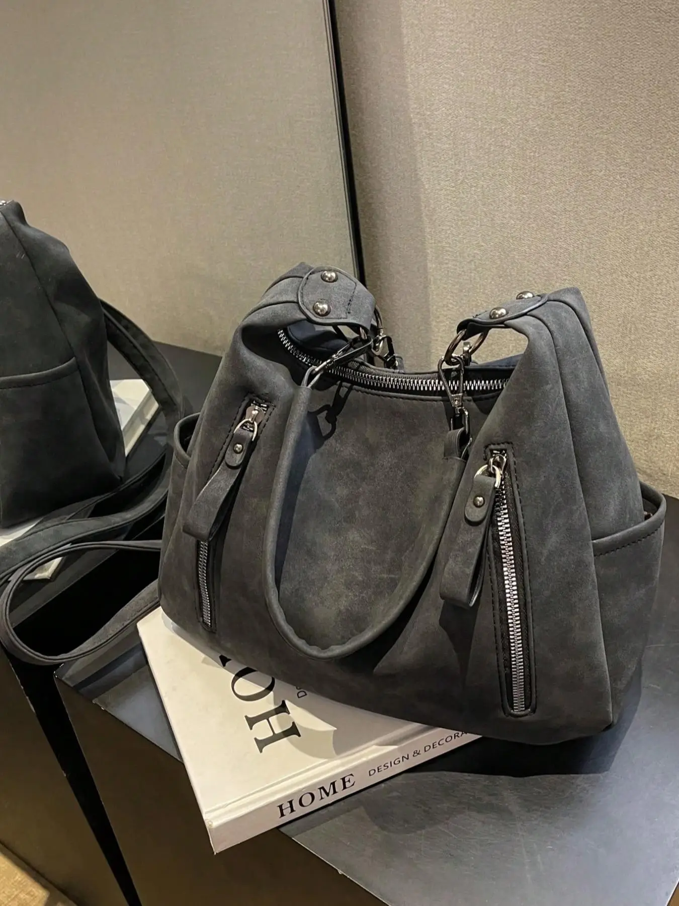 PU hobo bag solid color zipper large capacity college students novice white-collar office business commuting work bag Fall&winter Fashion Studded Deco