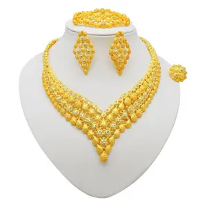 African Bridal Jewelry Collar Necklace Earring Ring Bracelet Ring Rhinestone 4-piece Wedding Ornament Set