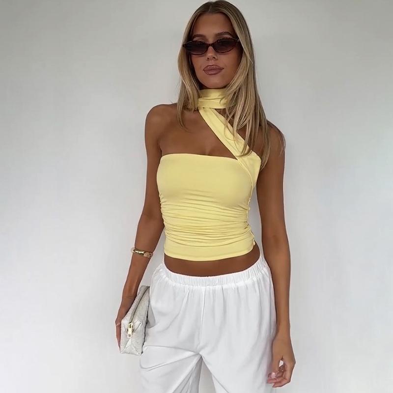 Adjustable Neck Tie Strapless Crop Top with Ruched Side Women's 2025 Fall New Slim Fit Solid Color Essential for Holiday Beach Party & Night Dating Outfits Ladies Casual Sleeveless Short Tank Vest
