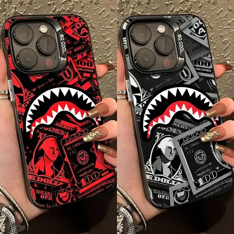 Shark Teeth Phone Case – Urban Streetwear Money Graphic Design | Silver Matte Mirror Protective Cover for iPhone 11–17 | Stylish Gift for Street Fashion Lovers
