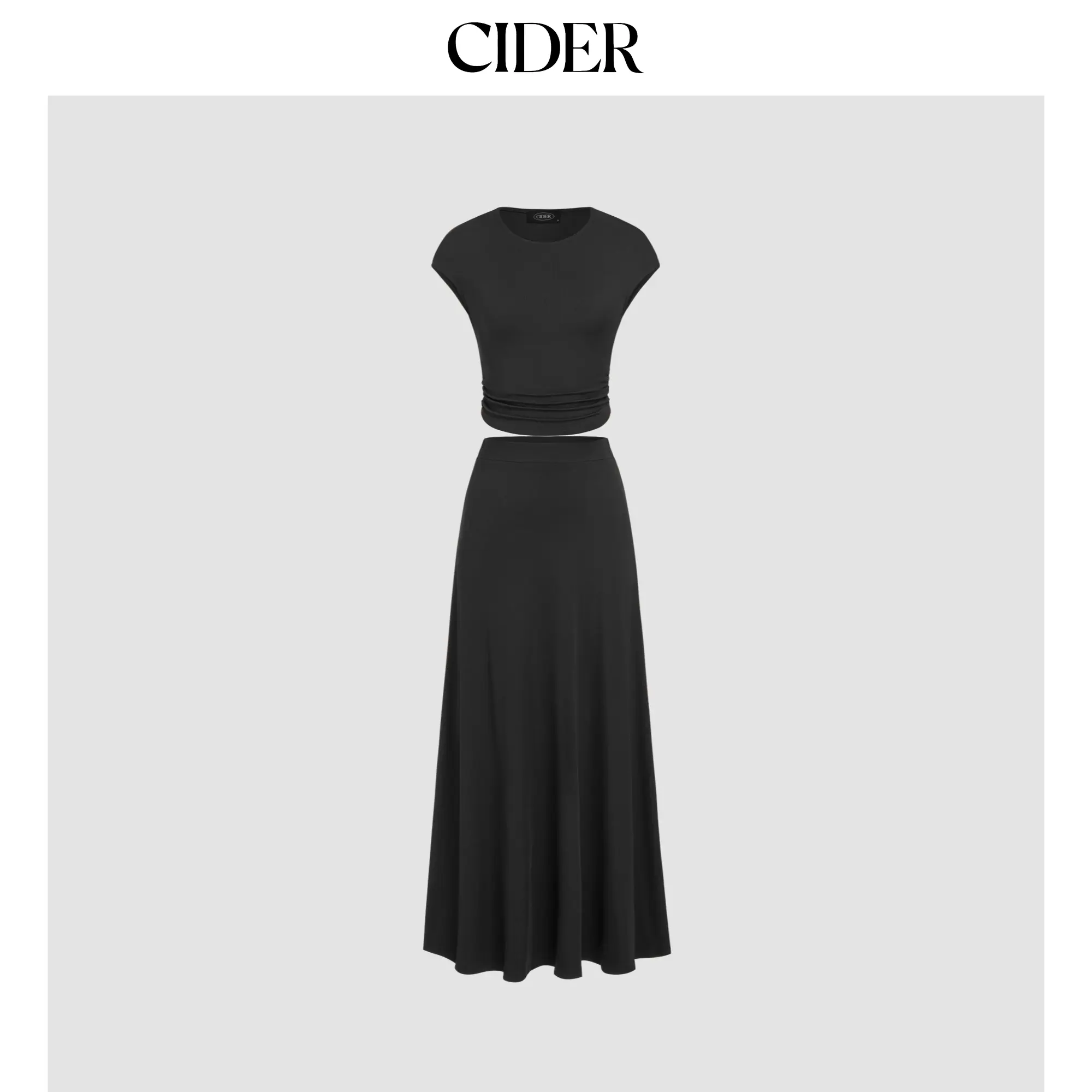 Cider Women's Shirred Jersey 2-Piece Set - Casual Round Neck Top and Pull On Long Maxi Skirt, Elastic Waistband