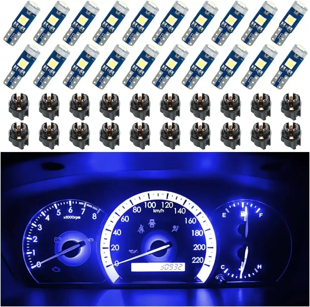 20 Pcs T5 LED Lights for Car Dashboard, High Light Bulb 3030-3SMD Replacement with Twist Lock Socket, Super Bright Light for Instrument Cluster Dashboard Panel Gauge Indicator (Blue)