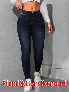 Women's Imitation Denim Skinny Pants, Bottom, Denim Print Design, Stylish Comfortable Casual Fit for Everyday Wear Fitted Leggings