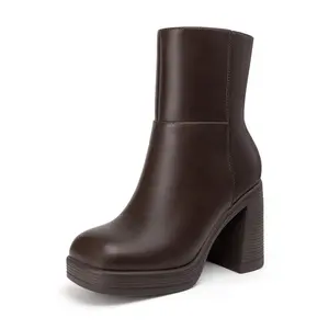 Women's Platform Ankle Boots High Chunky Block Heel Square Toe Boots Fashion Dress Heeled Booties