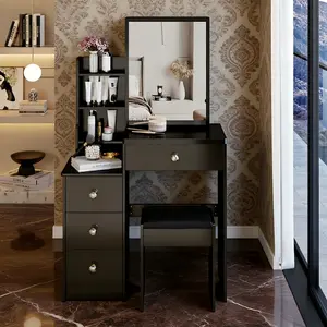 29.2" Small Space Left Bedside Cabinet Vanity Table with Cushioned Stool Extra Large Right Sliding Mirror Multi Layer High Capacity Storage Practical Fashionable Dresser for Small Spaces