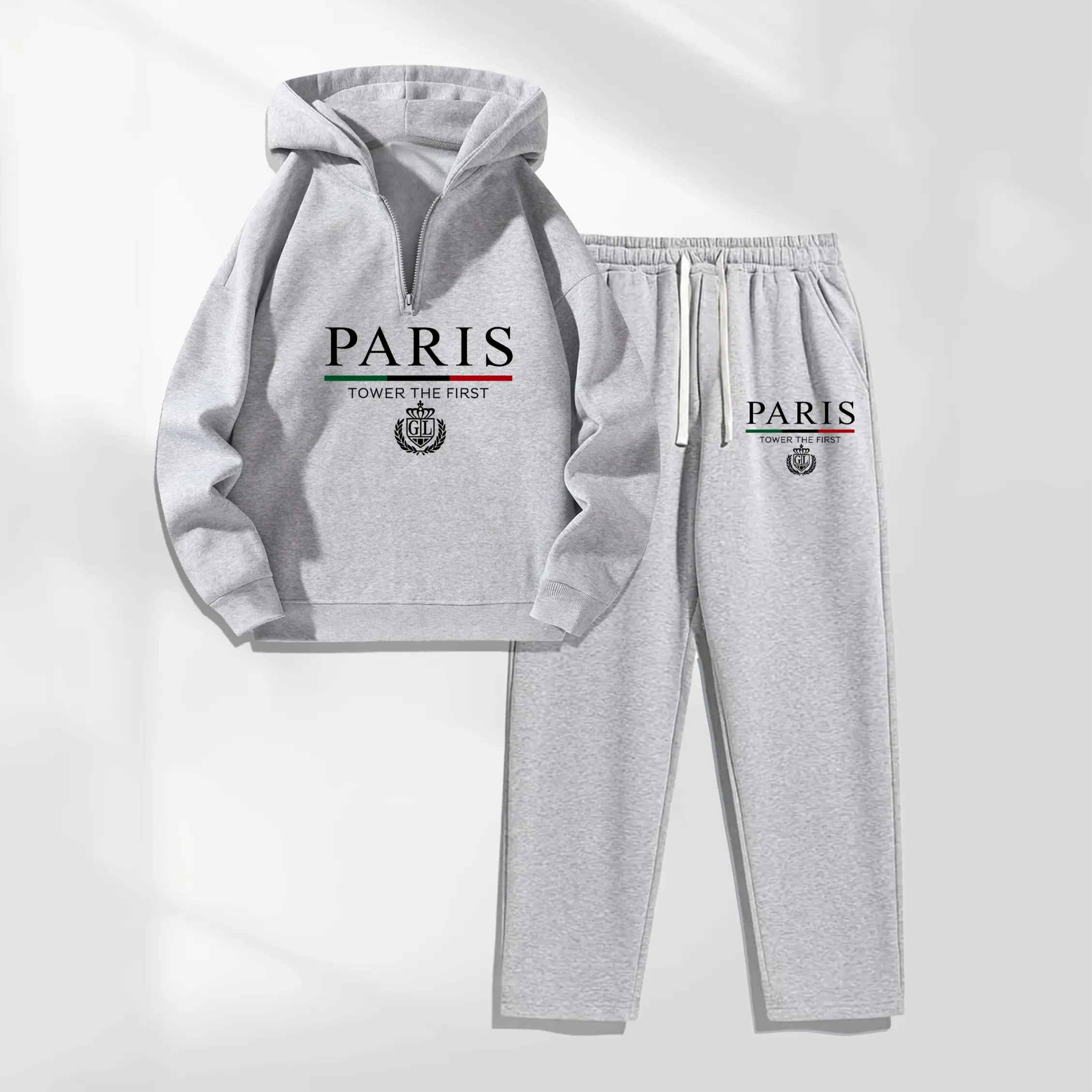 Men's 2-Piece Paris Letter Pattern Polyester Tracksuit - Soft Long-Sleeves Knitting Hoodie, Drawstring Sweatpants, Versatile Sporty Chic Set for Fall Winter Daily Athleisure Wear, Longsleeves