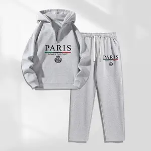 Men's PARIS Letter Pattern Print Hoodie and Drawstring Sweatpants Set, Menswear, Casual Athletic Long Sleeve Hooded Jacket & Trousers for Fall & Winter, Men's Clothing for Daily Wear, Sportswear Indoor Outdoor, Tracksuit, Athleisure