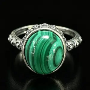 Vintage Oxidized 925 Sterling Silver Dot Pattern Natural Malachite Adjustable Ring