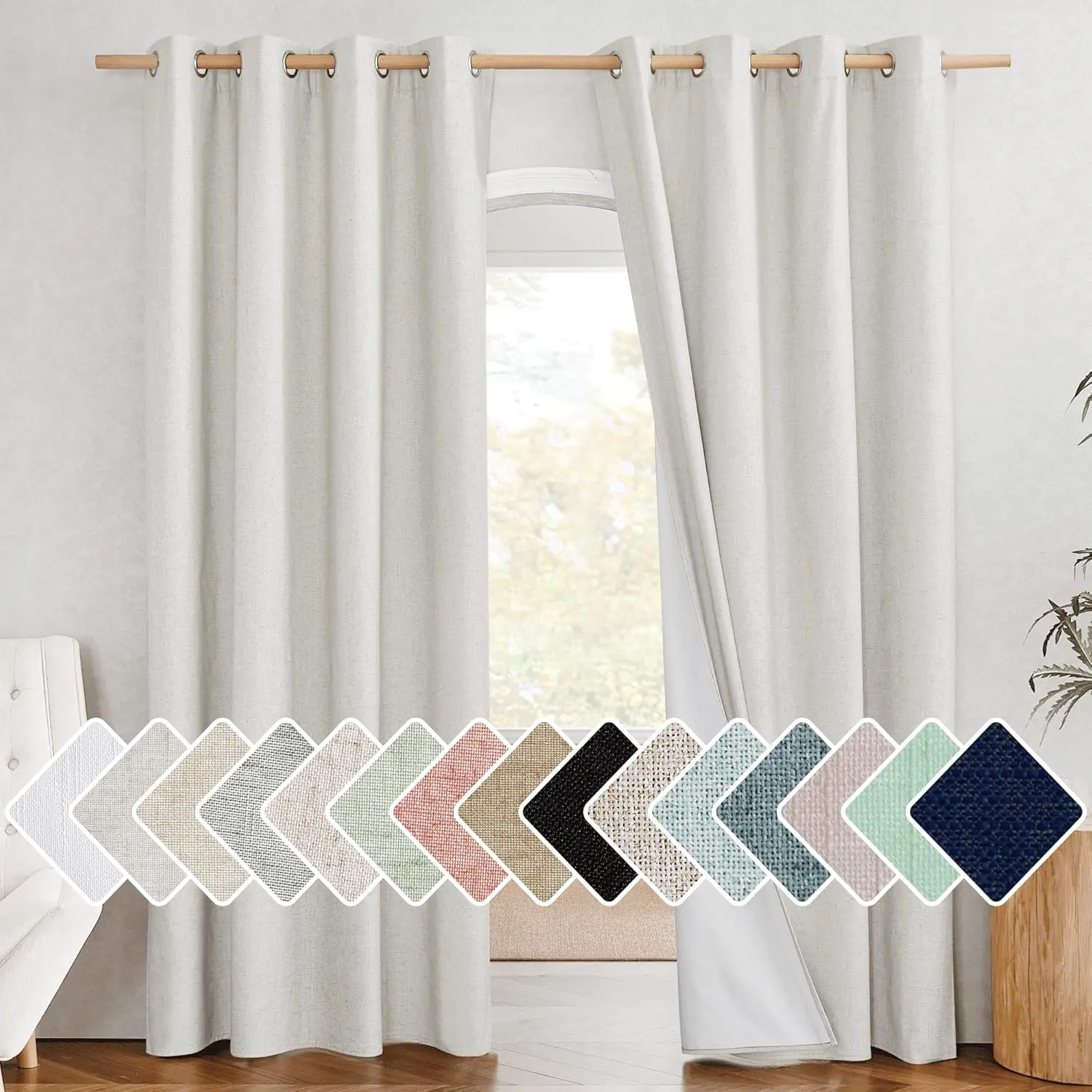 NICETOWN 100% Absolutely Blackout Linen Curtains with Thermal Insulated White Liner, 2 Pieces, Privacy Vertical Window Drapes for Office Laundry Living Room Windows