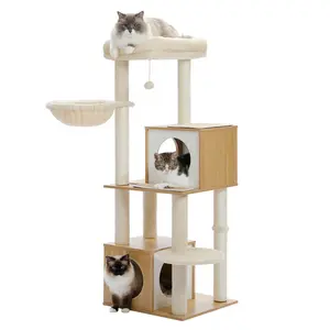SEKKO CLAW Cat Tree 51 Inches Wooden Cat Tower with Double Condos, Large Perch,Soft Hammock and Totally Wrapped Sisal Posts for Large Indoor Cats-Beige