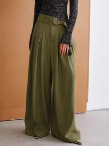 Women's High Waisted Wide Leg Pants with Metal Buckle Belt, Elegant Draped Design, Loose Fit, All Seasons, Casual & Business Wear, Casual Chic Trousers
