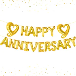 Gold Happy Anniversary Balloon Letters, 18" Foil Heart Banner for Anniversary Decorations
