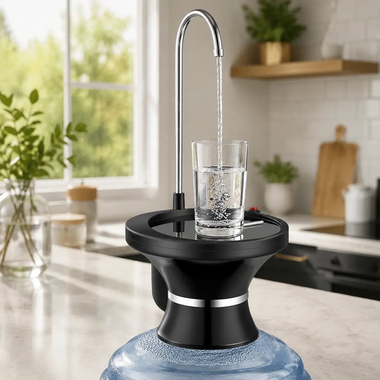 5-Gal Automatic Electric Water Bottle Pump Dispenser, USB-Rechargeable with Cup-Activated Switch, Stainless Steel Faucet, Stable Cup Tray for Home, Kitchen, Office