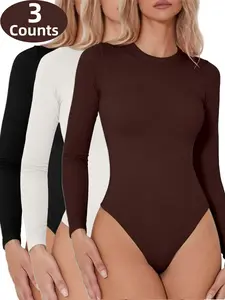 1/2/3 Counts Women's Solid Long Sleeve Round Neck Jumpsuit, Elastic Bodysuit, Shapewear, Body Sculpting Garment, Minimalist, Thermal Loungewear for All Seasons, Warm Underwear, Suitable for Daily Outings and Party