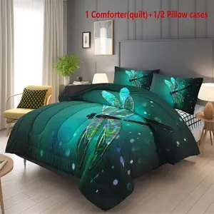 3-piece Green Dragonfly Floral Pattern Quilt Set (1 Quilt + 2 Pillowcases without Pillow Inserts), featuring U-shaped quilting. The quilt contains 200gsm filling, suitable for all seasons. It is breathable, soft, and skin-friendly, durable and machine-was