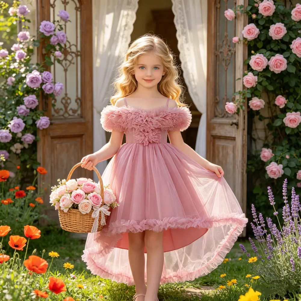 6169 Kids Girls' Princess Dress with Train Flower Girl Gown Performance Outfit Birthday Party Dress Tulle Dress