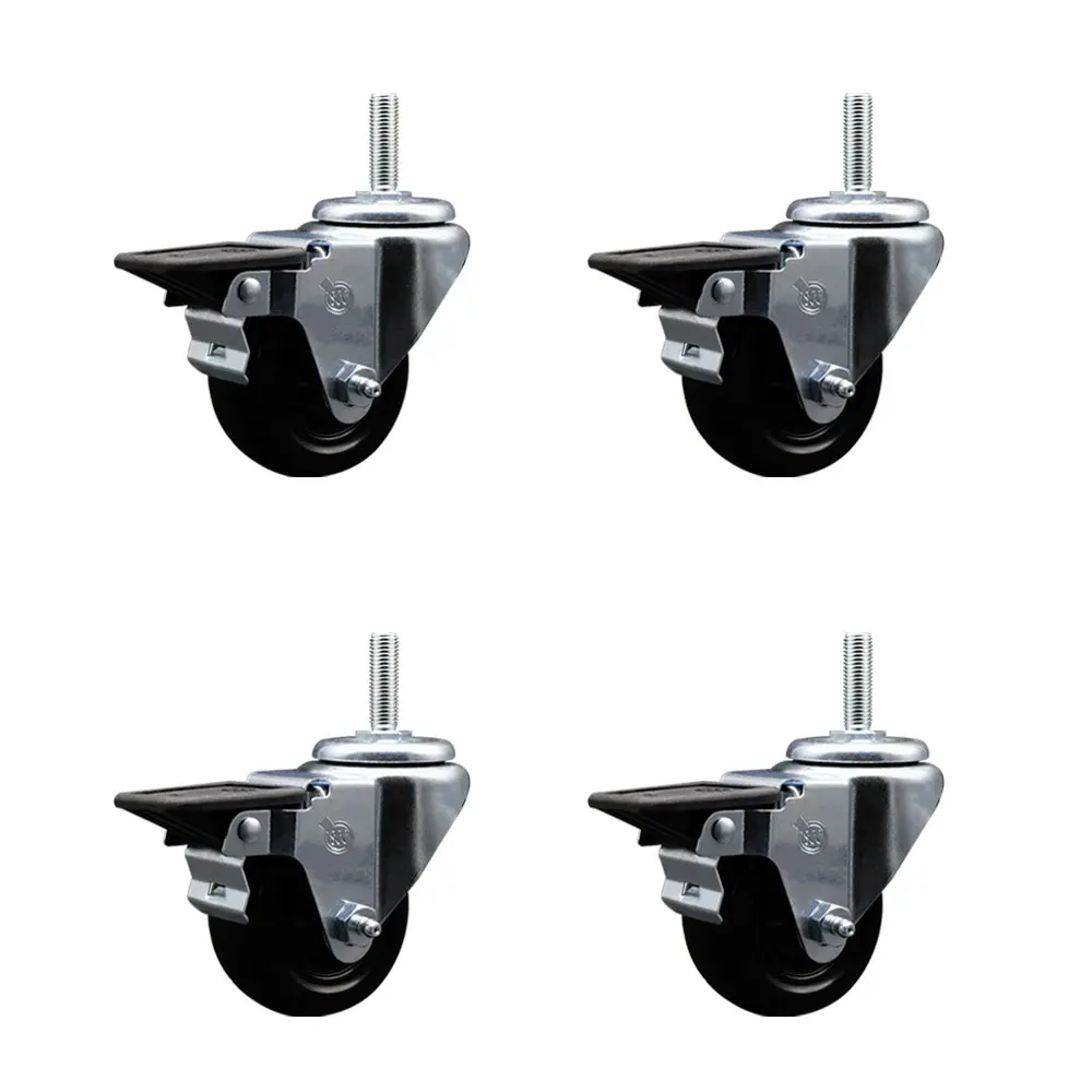 212 MAIN Lockable Hard Rubber Swivel Casters (SCC-TS20S314-HRS-PLB-34212-4) - 3x1.25in Black Heavy Duty Furniture/Equipment Wheels, 0.75in Standard Threaded Stems, 1100 lbs Capacity, Set of 4 with Posi Lock Brakes for Carts, Lockable Wheels, Furniture Mov