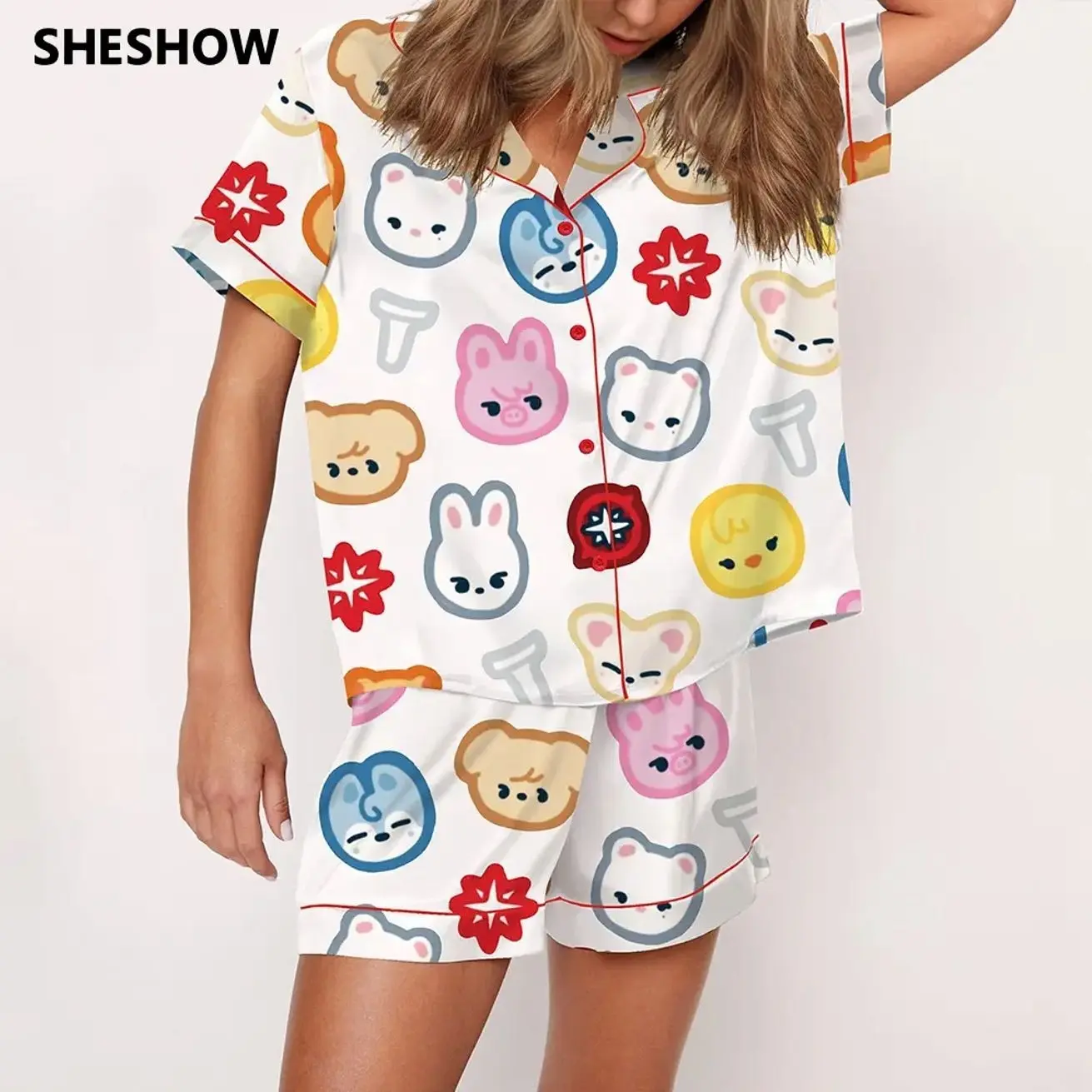 SHESHOW Stray Kid Tour Silky Satin Pajama Set For Women Print Comfy Satin Sleepwear & Loungewear Pjs Printing Silky Top & Bottoms
