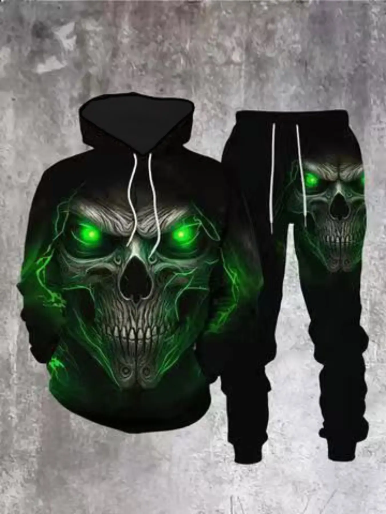 Men's Fall Winter Fashion Hoodie Set, 3D Skull Design, Long Sleeve, Fitted, All over Print, Sporty Style, Casual Streetwear, Menswear