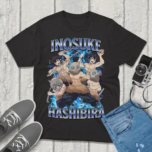 Gildan Women's Fitted Cotton Round Neck Short-Sleeve Tee - Kimetsu no Yaiba Demon Slayer Inosuke Hashibira Graphic, Vintage Streetwear Casual Top, Shortsleeve, Tshirt