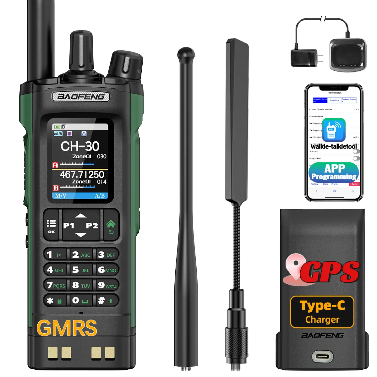 BAOFENG GMRS Radio 10Watt Handheld Long Range Walkie Talkie with GPS  Rechargeable GMRS Repeater Two Way Ham Radio with USB-C Charger GM-32 UV 32 For Camping