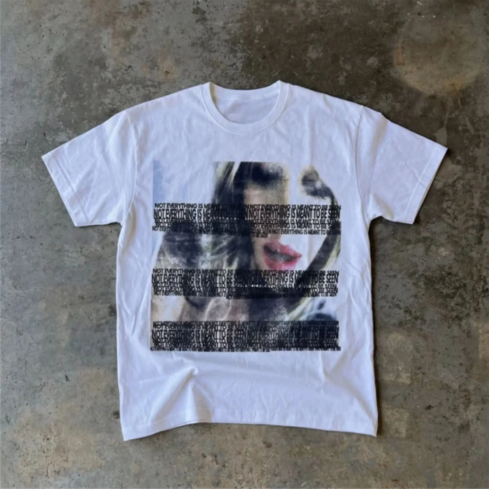 Cyberpunk Distressed Face Graphic Tee, Blurred Woman Face Covered With Repeating Text Bars, Unisex Streetwear Tee For Underground Fashion Fans, Indie Alt Outfit