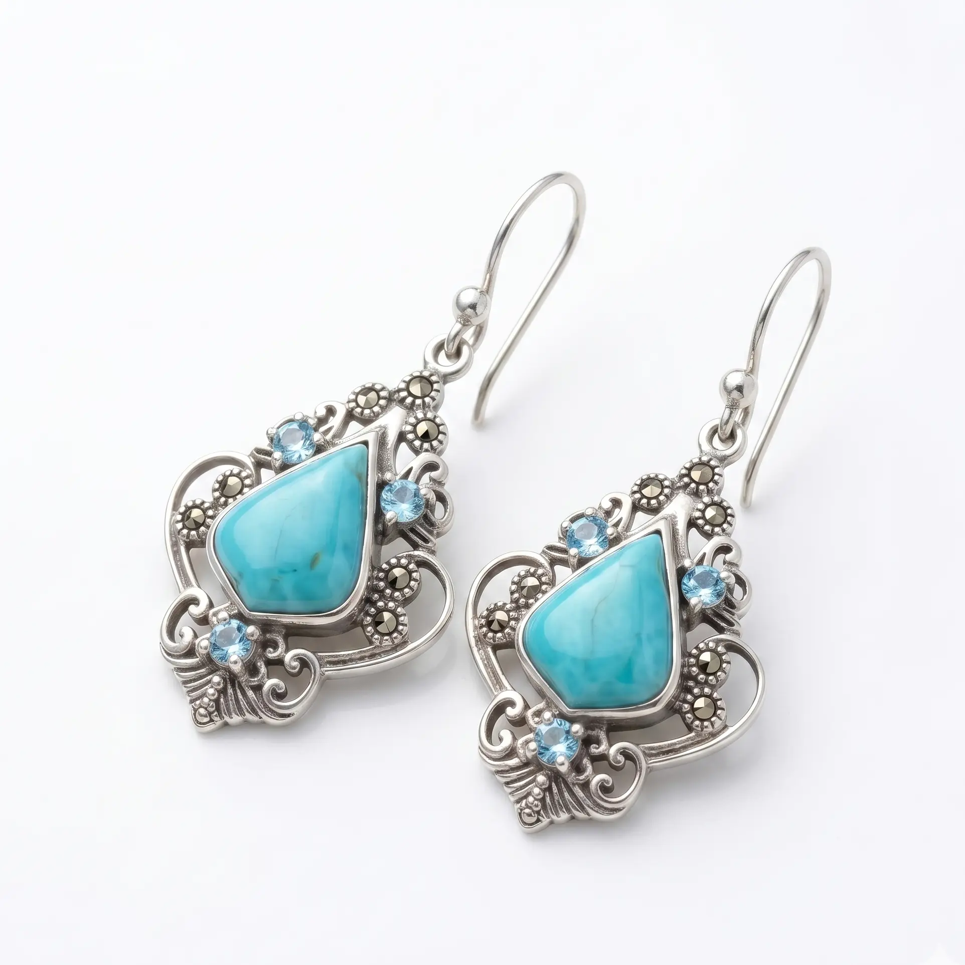 Reconstituted Turquoise Blue Topaz Marcasite Drop Earrings 925 Silver 18x37mm