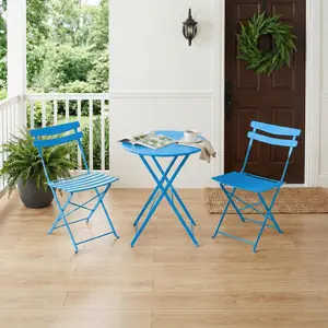 GAOMON 3 Piece Foldable Patio Bistro Set, Outdoor/Indoor Metal Table and Chairs Furniture, Compact Round Table with 2 Folding Chairs for Balcony, Porch, Deck, Garden, Apartment, Small Space, Blue