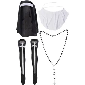 Nun Costume Accessory Set with Catholic Nun Costume Hat, Nun Collar, Cross Pendent Necklace, Cross Print Stockings good  halloween  costume Light Womenswear