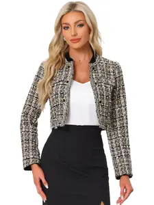 INSPIRE CHIC Tweed Jacket Open Front Workwear Chic Elegant Crop Blazer