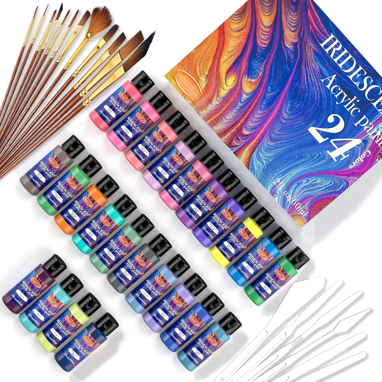 Iridescent   Set of 24 Chameleon Colors 60ml 2 OZ Bottles with 12 brushes 5 knifves, High Viscosity Shimmer  for Artists, Beginners