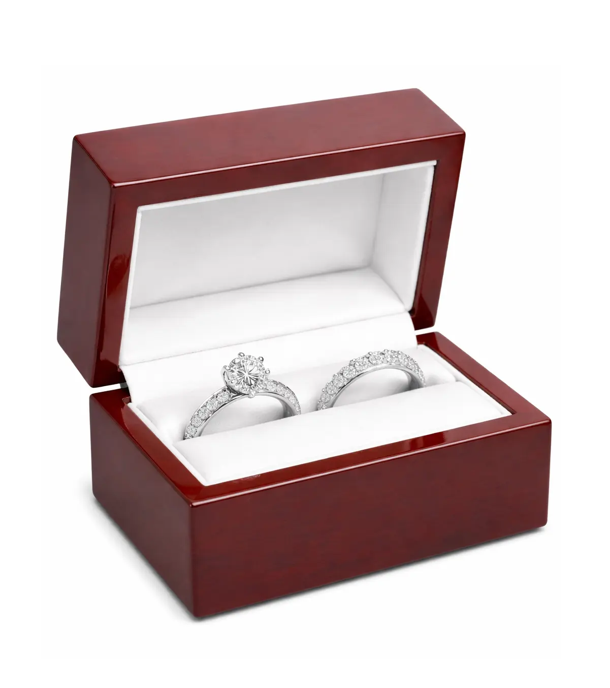 Novel Box Cherrywood Red Jewelry Box for Double Rings 3x2x1.87 Inches with White Inside - Wooden Gift Presentation Boxes for Rings - Mahogany Engagement Rings Case for Wedding & Special Occasions