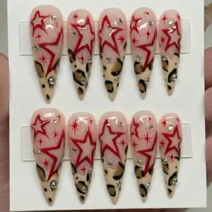 Rockstar Energy 3D Press On Nails Y2K Red Star And Leopard Print Art