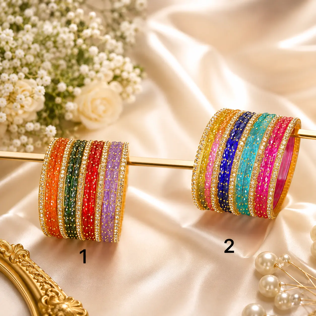 2 types of Multi Glass Bangles: Exquisite Trendy Bangles Set 1 and 2. Pick which one you want to order: number 1 or number 2, Banglebracelets, Multilayered Bangles