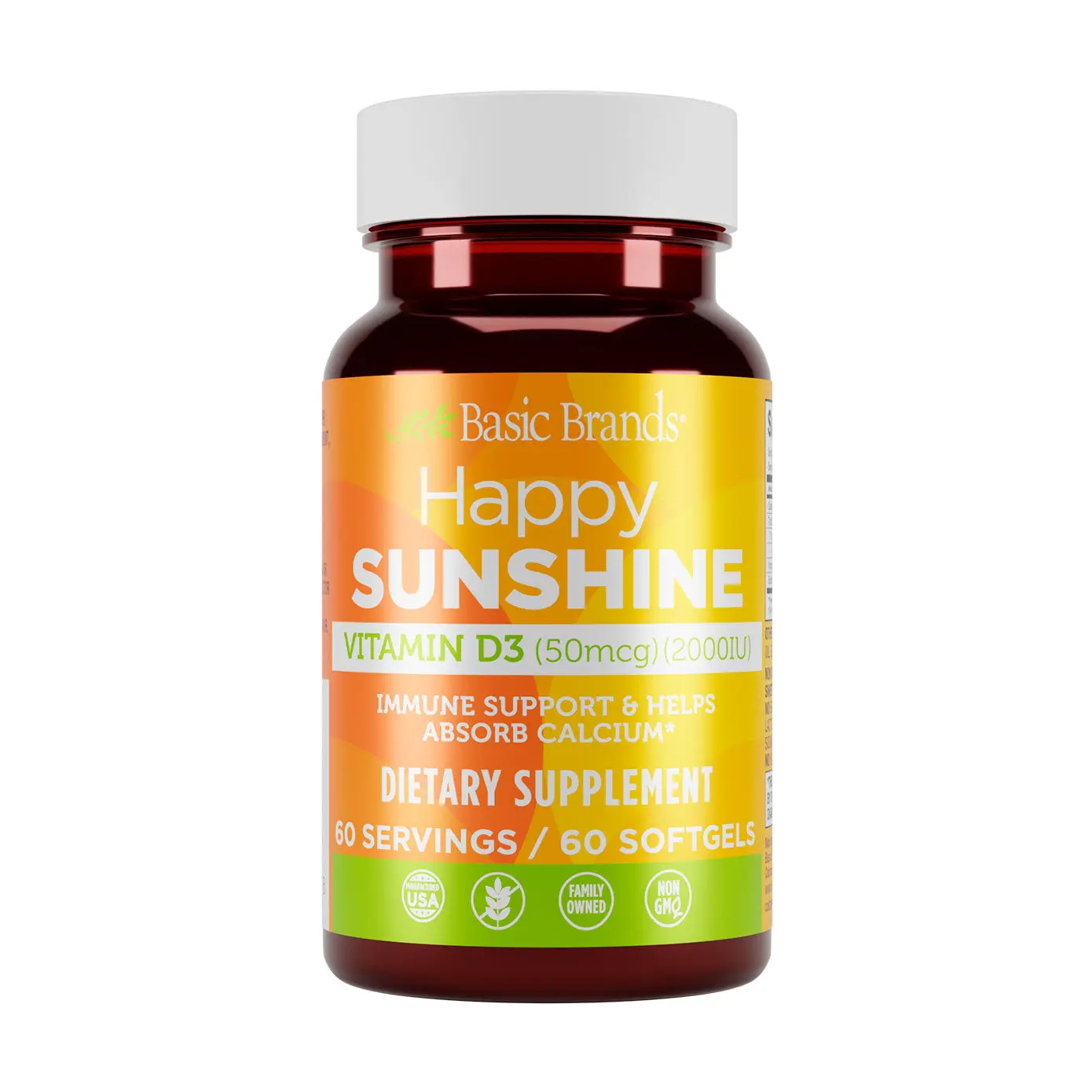 Basic Brands Happy Sunshine Vitamin D3 2000 IU | Immune, Bone & Mood Support Daily Vitamin D