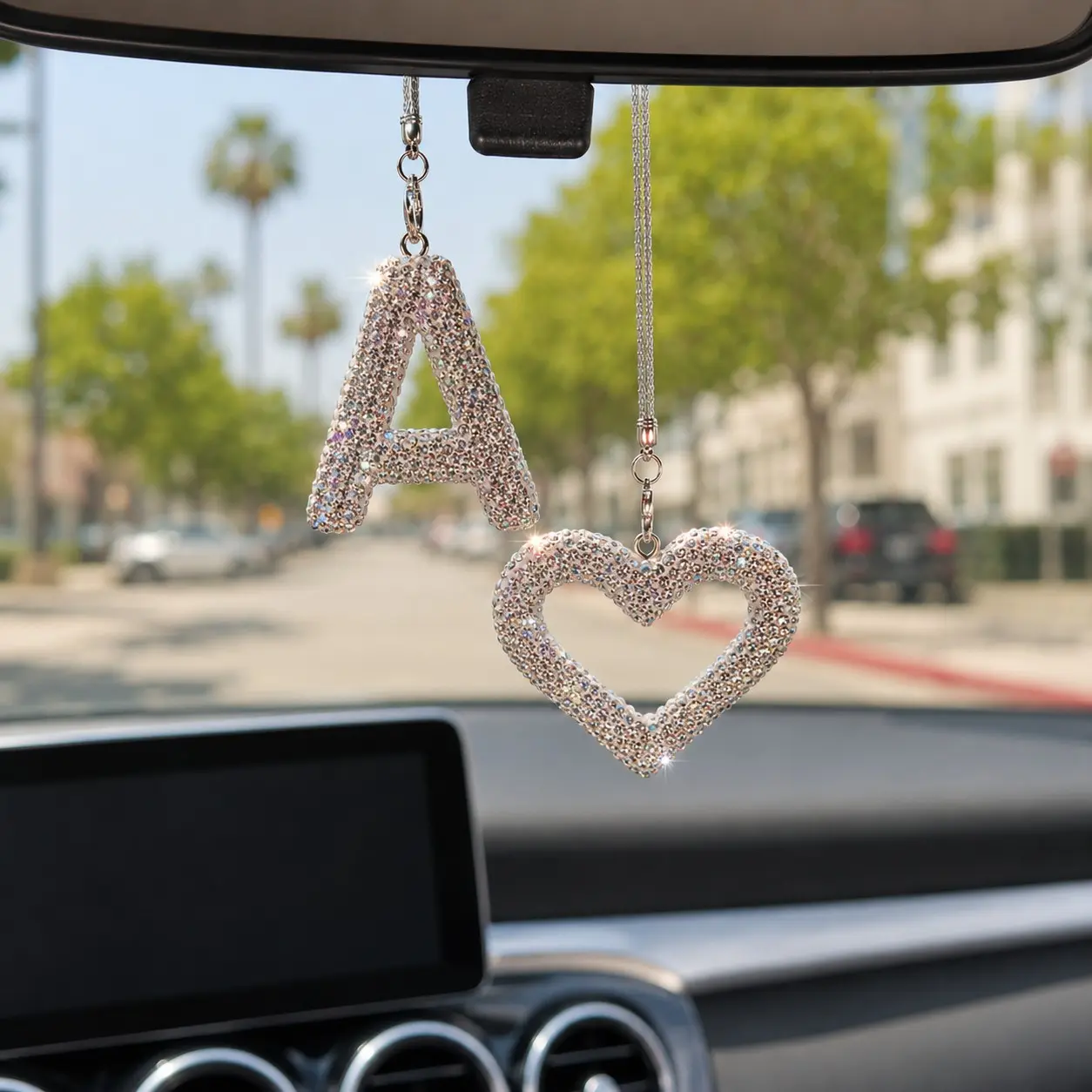 Letter Car Pendant, Lucky Heart Letter Rearview Mirror Charm, Sparkling Rhinestone Hollow Heart Decor, Personalized Name Initial Car Hanging Gift, Car Interior Accessory, Bling Car Accessories