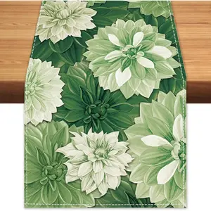 Green Dahlia Flower Spring Table Runner Sage Green Burlap Table Runners, Summer Elegant Floral Seasonal Coffee Table Center Decor for  Kitchen Dining Party Indoor Outdoor 13x36 Inch