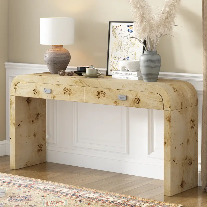 [SOIYELIFE] Modern Burl Wood Veneer Console Table - 60"L Entryway Sofa Table with Minimalist Legs for Hallway/Living Room (Natural Wood Finish)